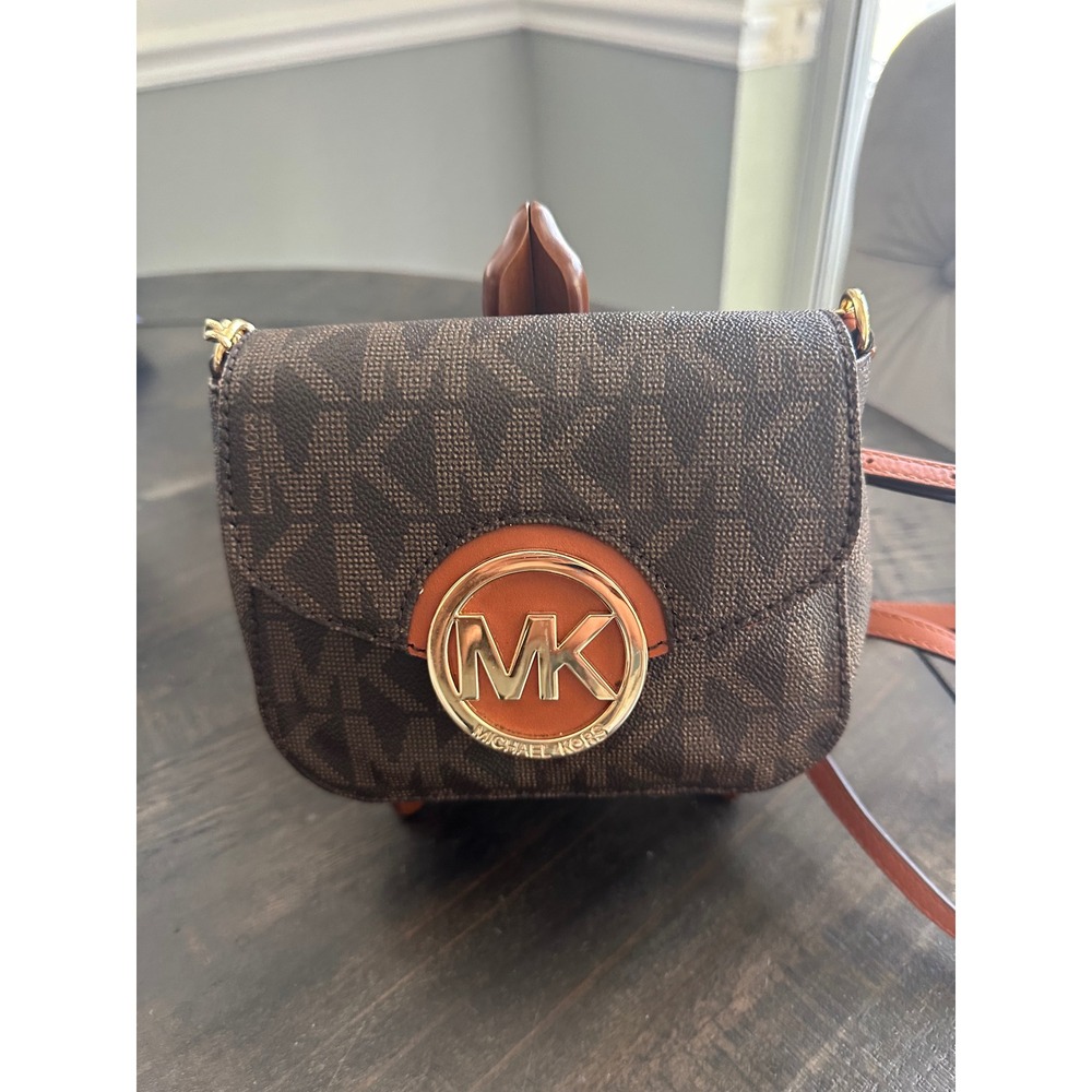 Michael Kors Brown Signature Logo Crossbody Bag Gold MK Medallion Mini Purse EUC